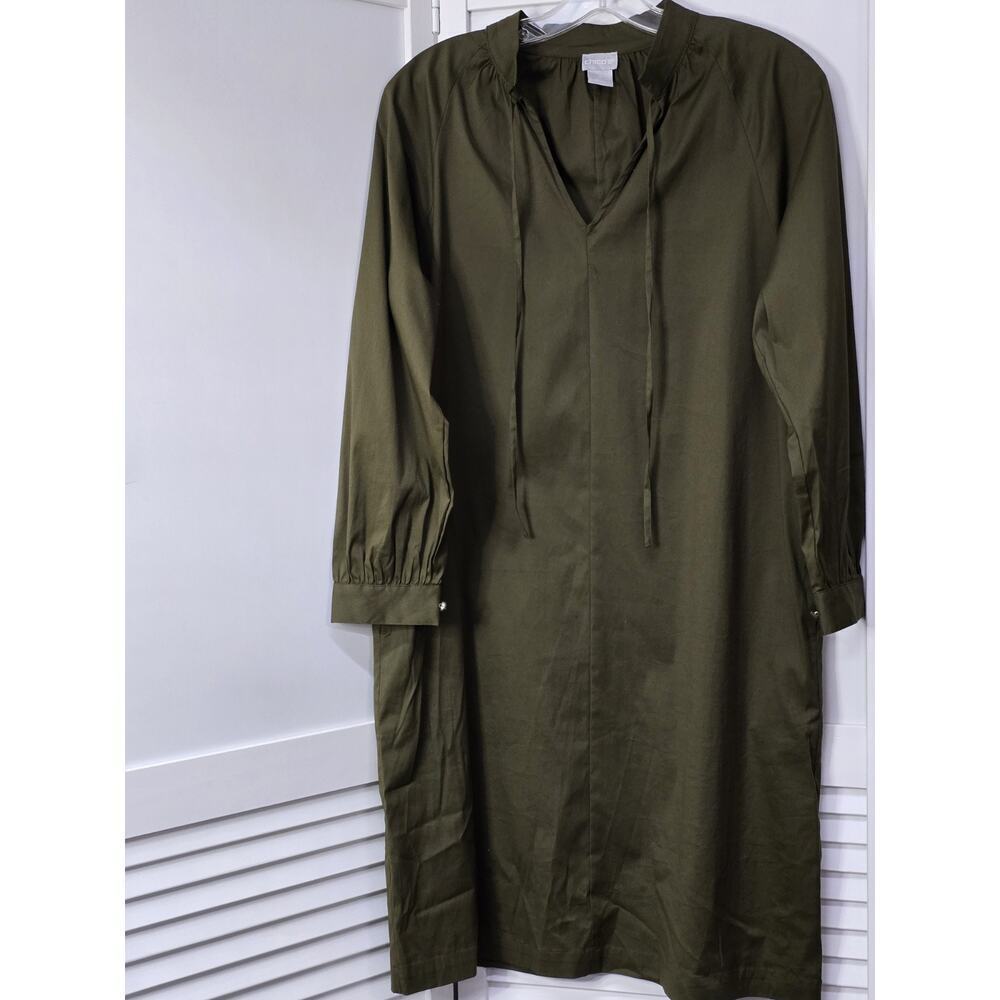 NEW Chico's Women's Size 0 Olive Green Short Dress Poplin Shift Dress Cottage